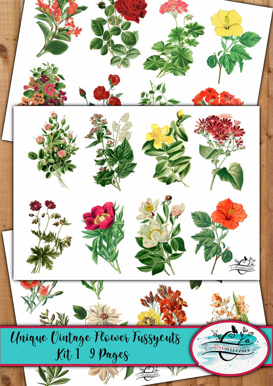 Unique Vintage Flowers Fussycut Diecuts 01 - 98 Flowers on 9 Pages for Instant Download&Print, Green, Yellow, Red, Floral, Nature, Botanical
