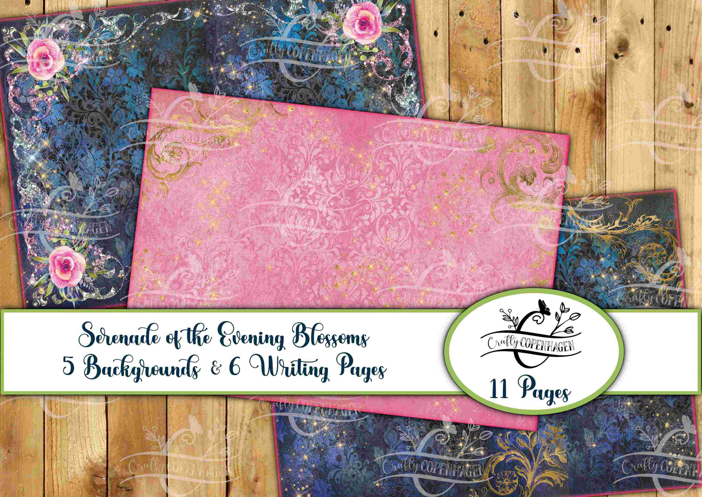 Serenade of the Evening Blossoms Background & Writing Pages Kit - 11 Pages Instant Download Digital Scrapbooking, Journal Paper, Pink Green