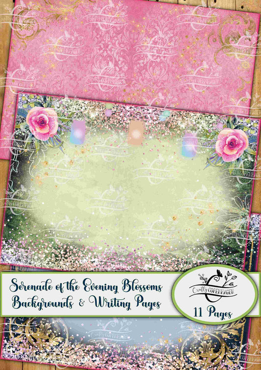 Serenade of the Evening Blossoms Background & Writing Pages Kit - 11 Pages Instant Download Digital Scrapbooking, Journal Paper, Pink Green