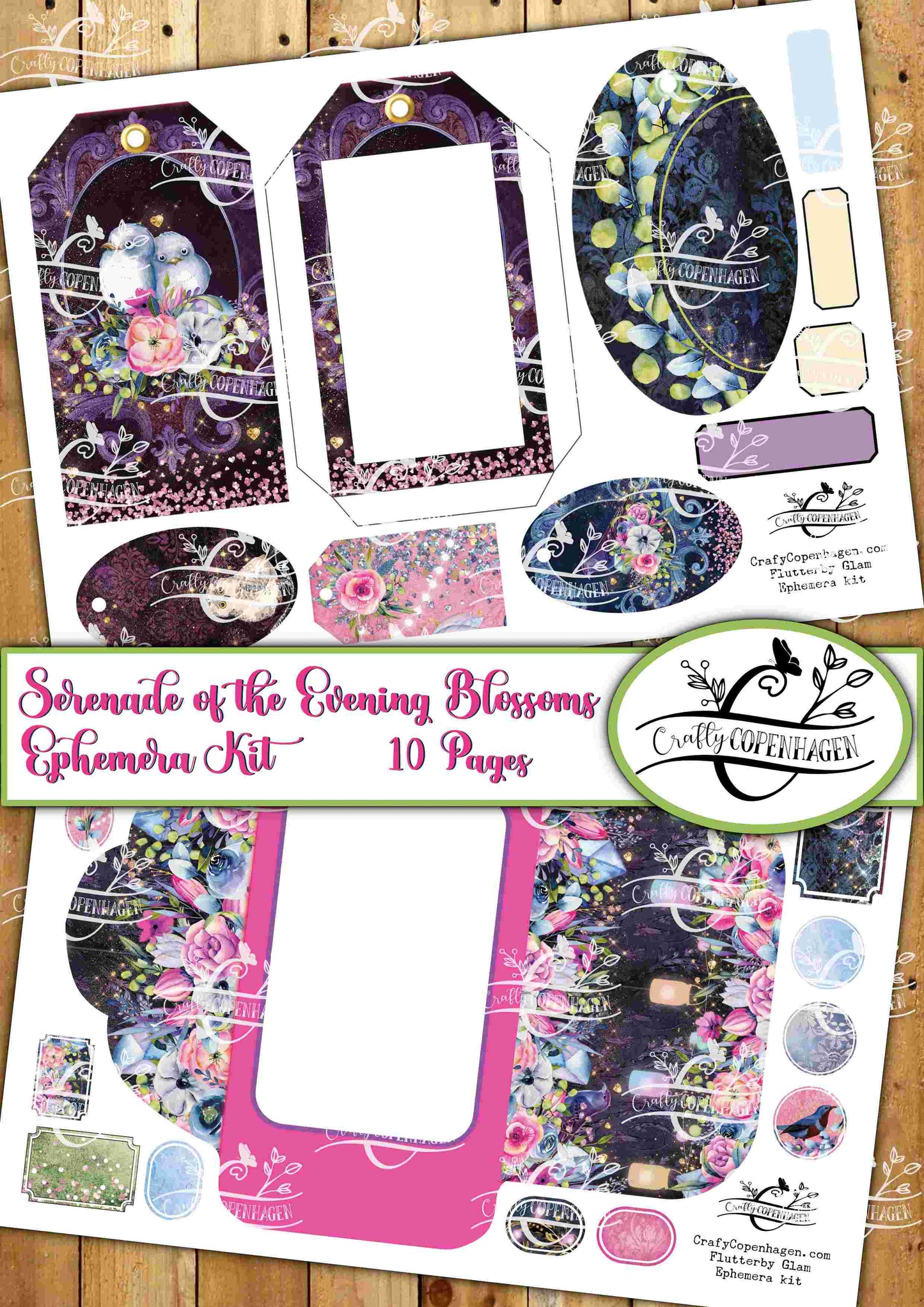 Serenade of the Evening Blossoms Ephemera Design Kit - 114 Elements on 10 Pages for Instant Download & Print, Pink, Green, Spring, Floral