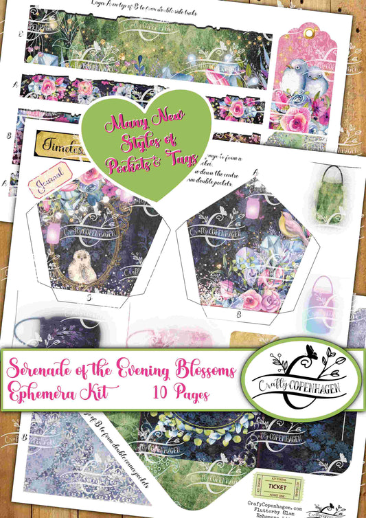 Serenade of the Evening Blossoms Ephemera Design Kit - 114 Elements on 10 Pages for Instant Download & Print, Pink, Green, Spring, Floral