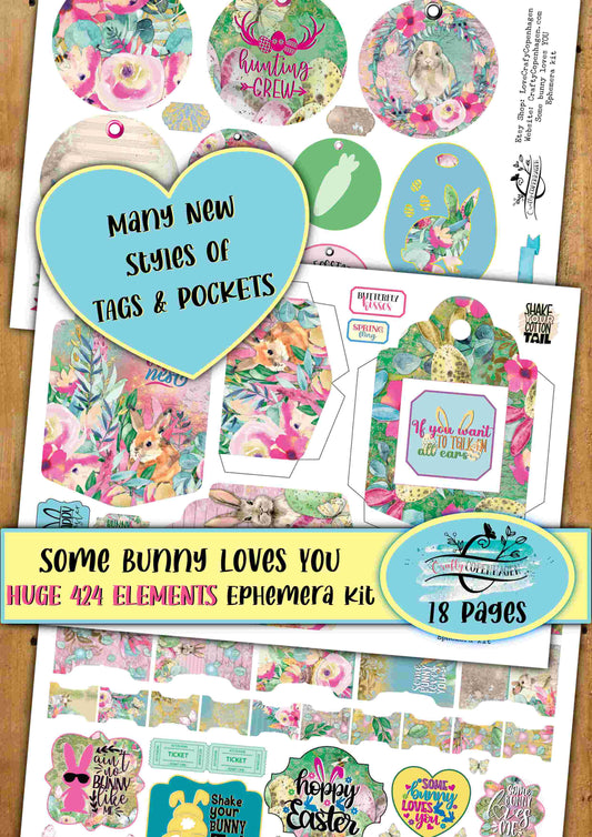 Some Bunny Loves YOU Ephemera Kit - HUGE 424 Elements on 18 Pages for Instant Download & Print, Spring, Easter, Yellow, Green, Floral