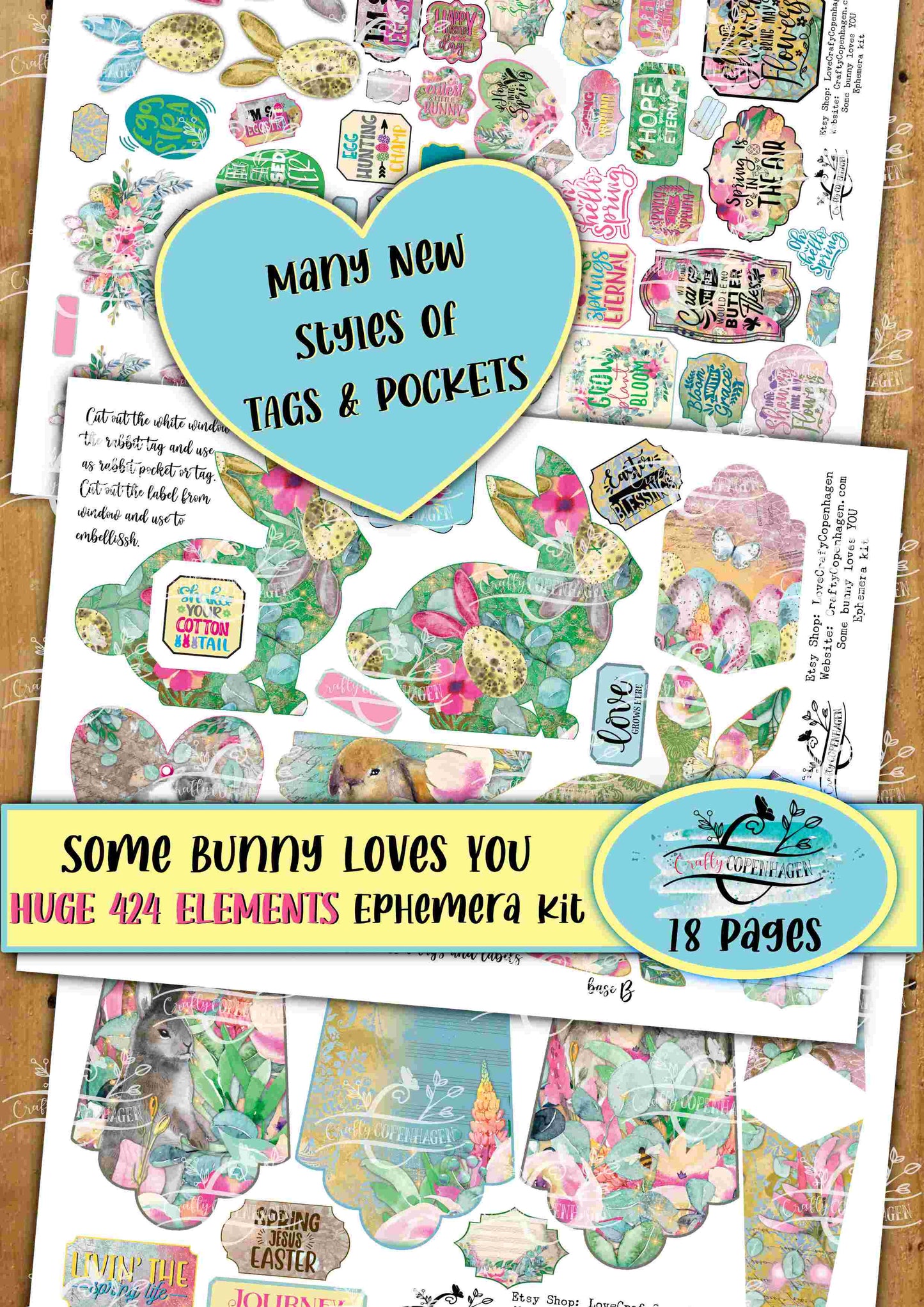 Some Bunny Loves YOU Ephemera Kit - HUGE 424 Elements on 18 Pages for Instant Download & Print, Spring, Easter, Yellow, Green, Floral