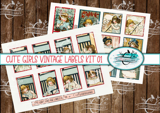 Cute Girls Vintage Labels Kit - 30 Labels on 4 Pages for Instant Download & Print, Vintage 1800s, Beige, Blue