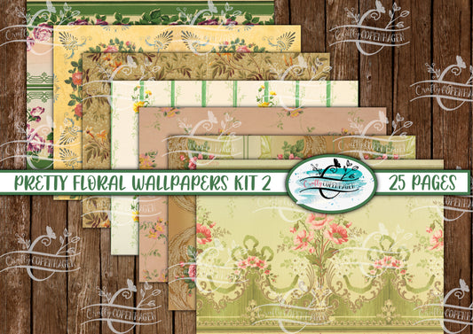 Pretty Floral Wallpapers Journal Kit 02 - 25 Pages Instant Download & Print, Digital Scrapbooking Paper, Cardmaking, Collage Paper, Yellow