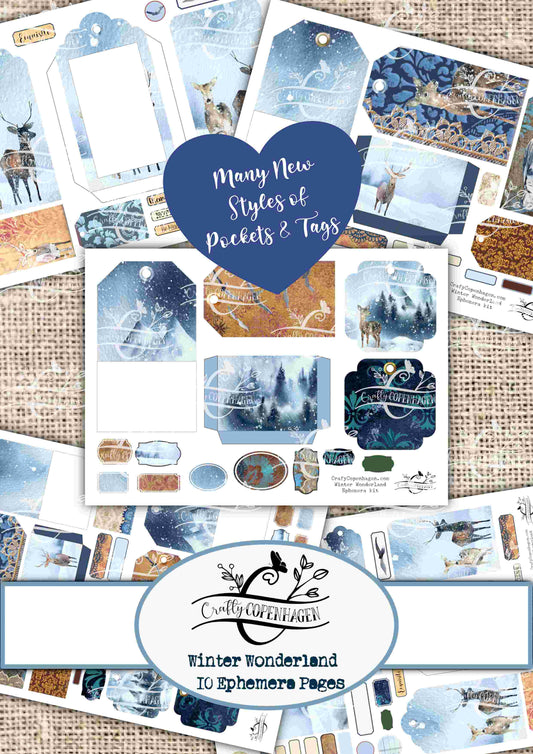Winter Wonderland Ephemera Kit - 80+ Elements on 10 Pages for Instant Download & Print, Cozy Snow, Deer, Owls, Birds, Lace, Tags, Fussy cuts