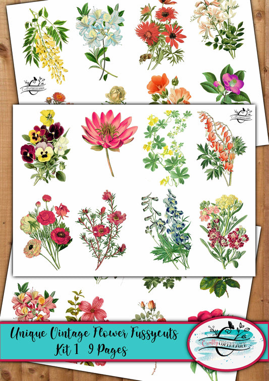 Unique Vintage Flowers Fussycut Diecuts 01 - 98 Flowers on 9 Pages for Instant Download&Print, Green, Yellow, Red, Floral, Nature, Botanical