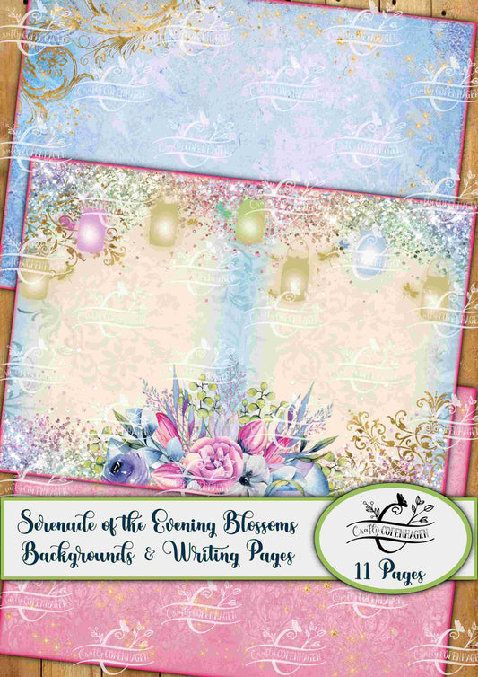 Serenade of the Evening Blossoms Background & Writing Pages Kit -  11 Pages Instant Download Digital Scrapbooking, Journal Paper, Pink Green