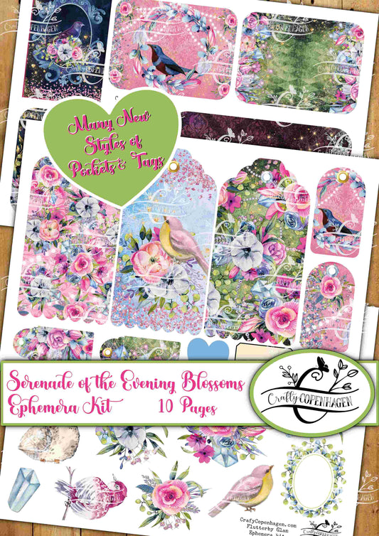 Serenade of the Evening Blossoms Ephemera Design Kit - 114 Elements on 10 Pages for Instant Download & Print, Pink, Green, Spring, Floral