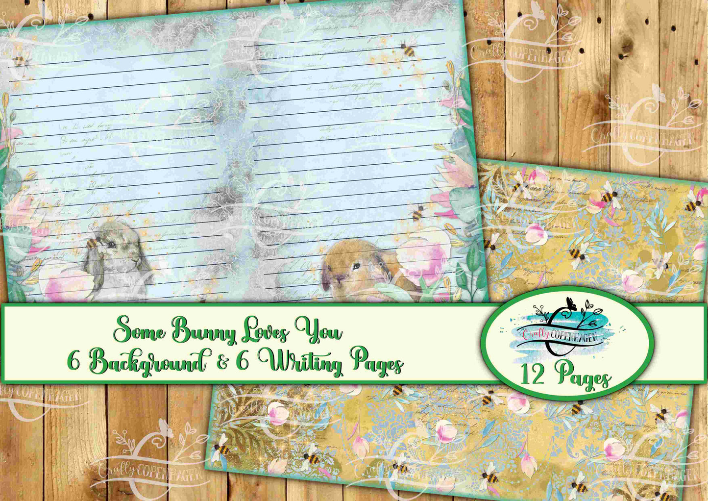 Some Bunny Loves YOU Background & Writing Pages Kit -  12 Pages Instant Download Digital Scrapbooking, Journal Paper, Spring, Easter