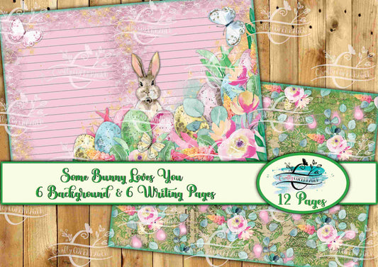 Some Bunny Loves YOU Background & Writing Pages Kit -  12 Pages Instant Download Digital Scrapbooking, Journal Paper, Spring, Easter