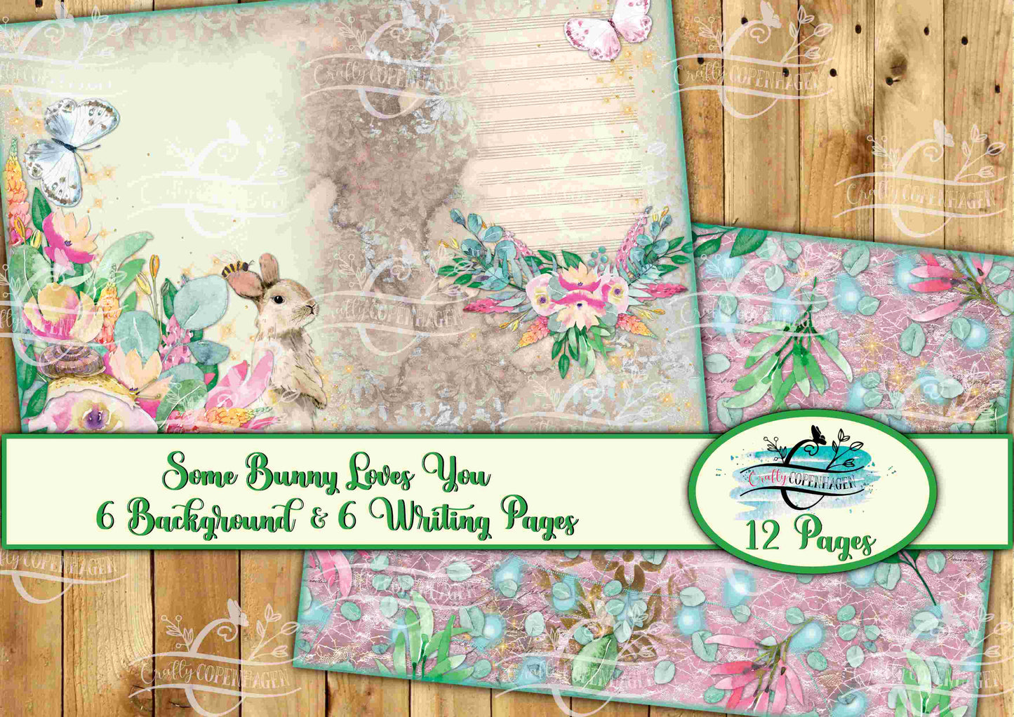 Some Bunny Loves YOU Background & Writing Pages Kit -  12 Pages Instant Download Digital Scrapbooking, Journal Paper, Spring, Easter