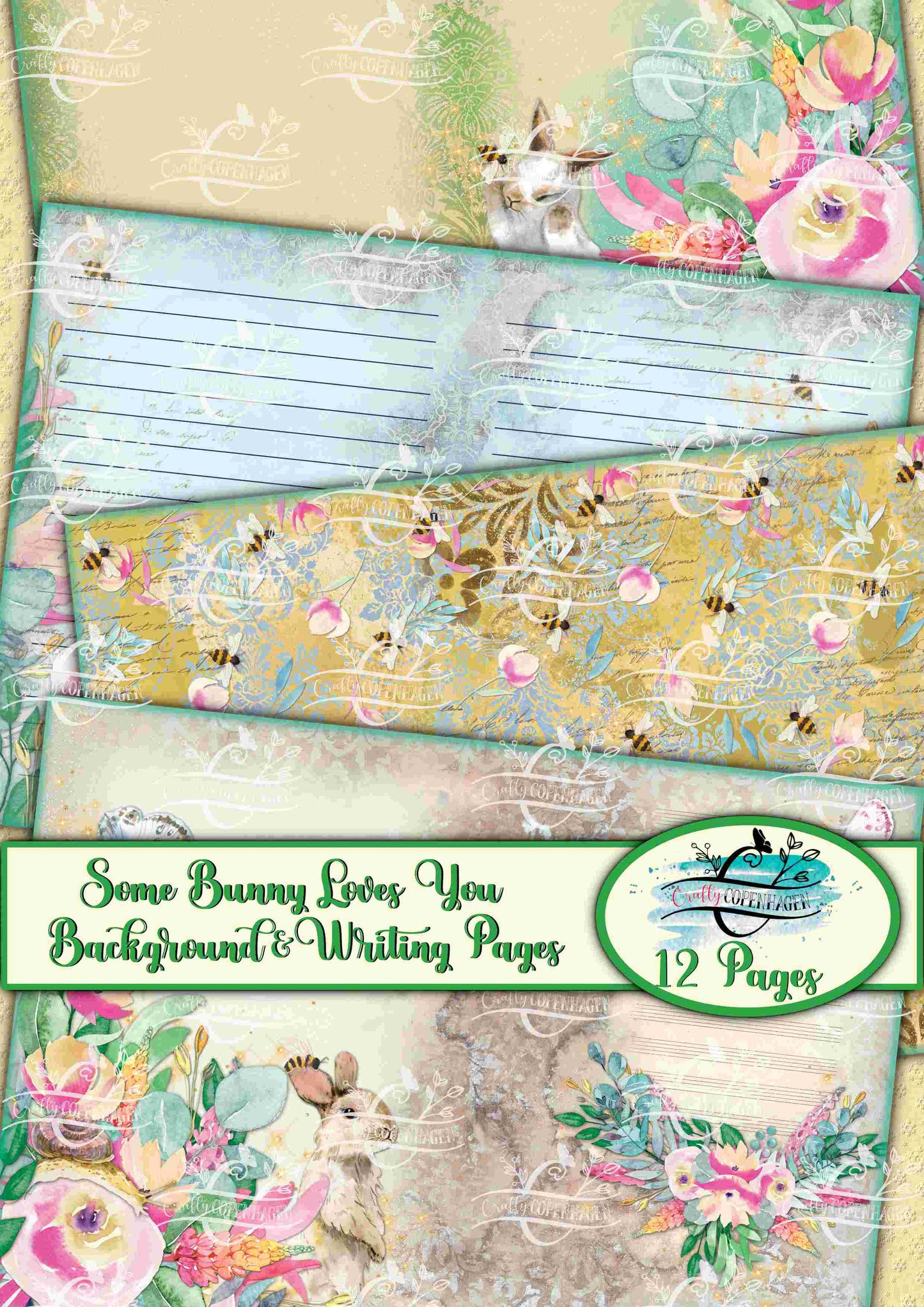 Some Bunny Loves YOU Background & Writing Pages Kit -  12 Pages Instant Download Digital Scrapbooking, Journal Paper, Spring, Easter