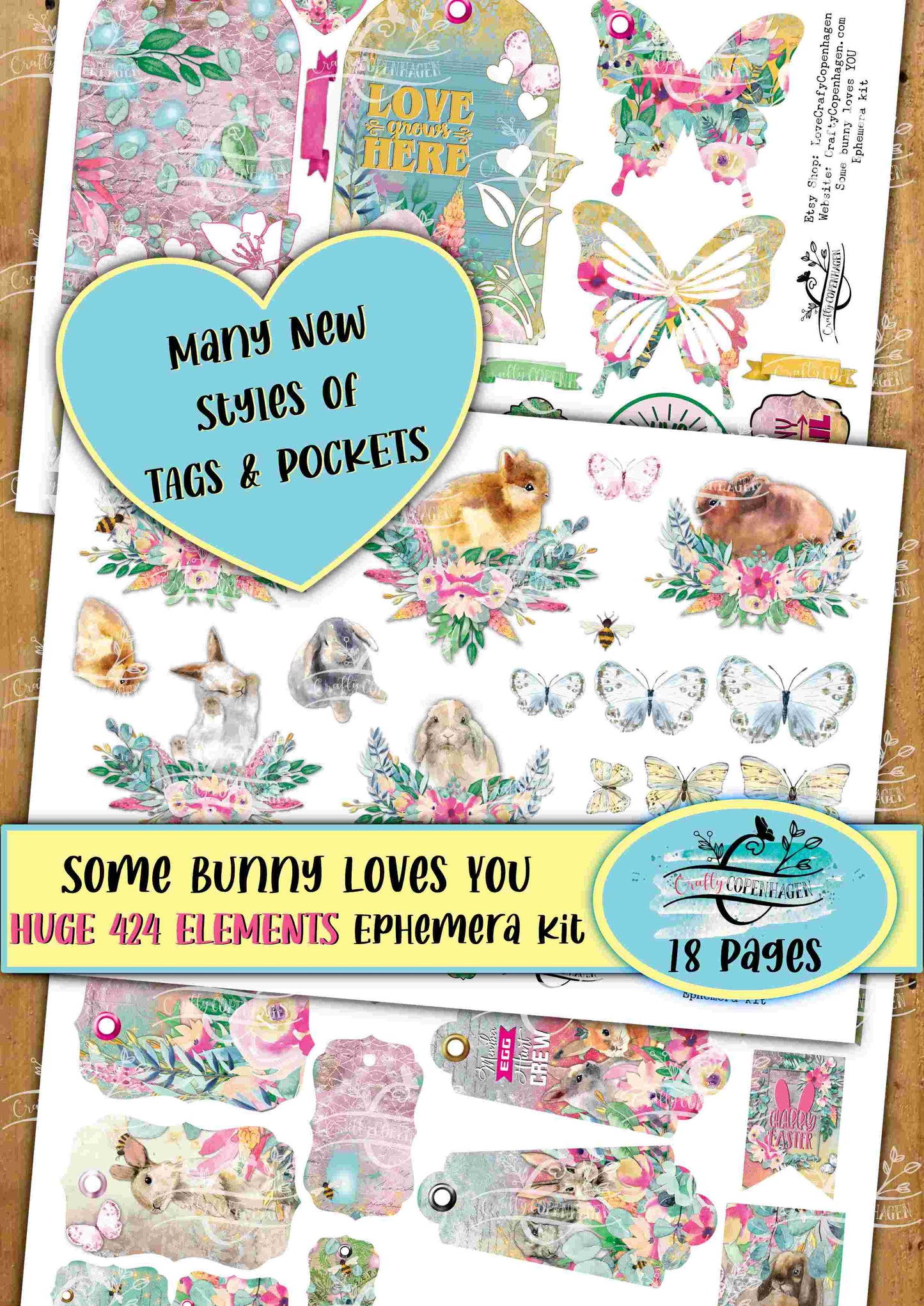 Some Bunny Loves YOU Ephemera Kit - HUGE 424 Elements on 18 Pages for Instant Download & Print, Spring, Easter, Yellow, Green, Floral