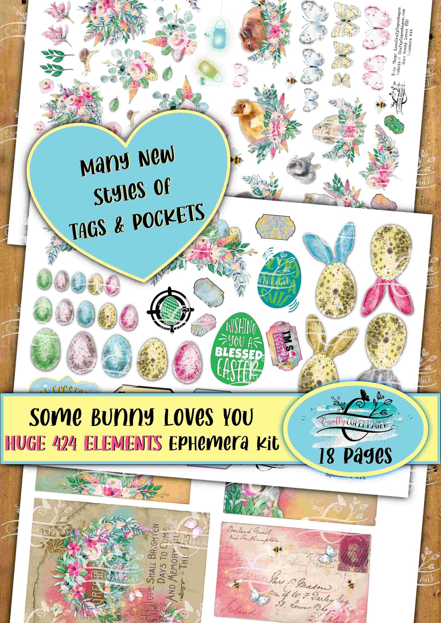 Some Bunny Loves YOU Ephemera Kit - HUGE 424 Elements on 18 Pages for Instant Download & Print, Spring, Easter, Yellow, Green, Floral
