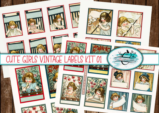 Cute Girls Vintage Labels Kit - 30 Labels on 4 Pages for Instant Download & Print, Vintage 1800s, Beige, Blue