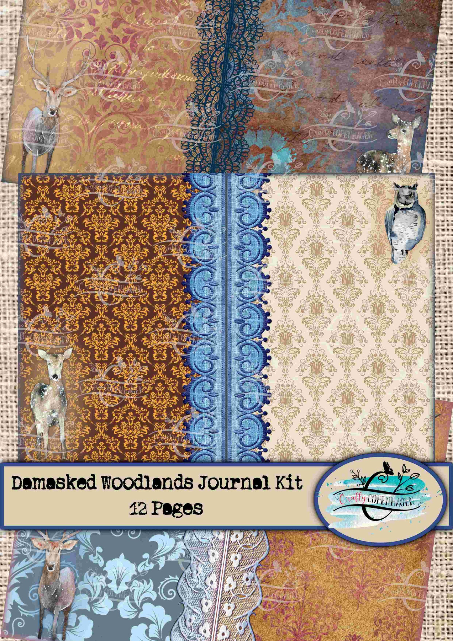 Damasked Woodlands Digital Junk Journal Kit - 12 Pages Instant Download & Print Digital Scrapbooking Paper, Cardmaking, Collage Paper