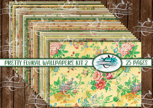 Pretty Floral Wallpapers Journal Kit 02 - 25 Pages Instant Download & Print, Digital Scrapbooking Paper, Cardmaking, Collage Paper, Yellow