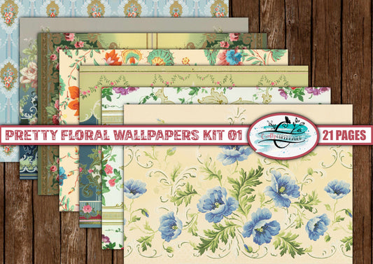 Pretty Floral Wallpapers Journal Kit 01 - 21 Pages Instant Download & Print, Digital Scrapbook, Cardmaking, Collage Paper, Vintage, Green