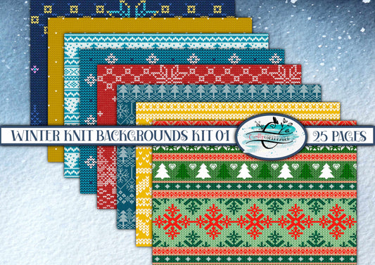 Winter Knit Background Collage Paper Kit 1 - 25 Pages for Instant Download & Print, Christmas, Autumn Yellow, Sweater Blue, Green, Red, Pink