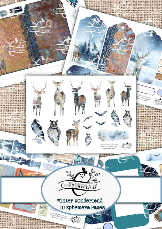 Winter Wonderland Ephemera Kit - 80+ Elements on 10 Pages for Instant Download & Print, Cozy Snow, Deer, Owls, Birds, Lace, Tags, Fussy cuts