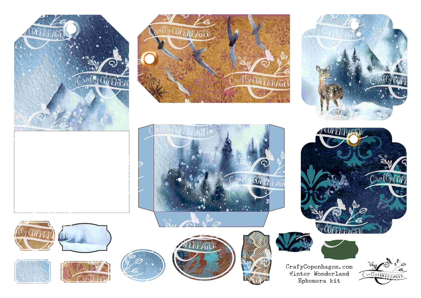 Winter Wonderland Ephemera Kit - 80+ Elements on 10 Pages for Instant Download & Print, Cozy Snow, Deer, Owls, Birds, Lace, Tags, Fussy cuts